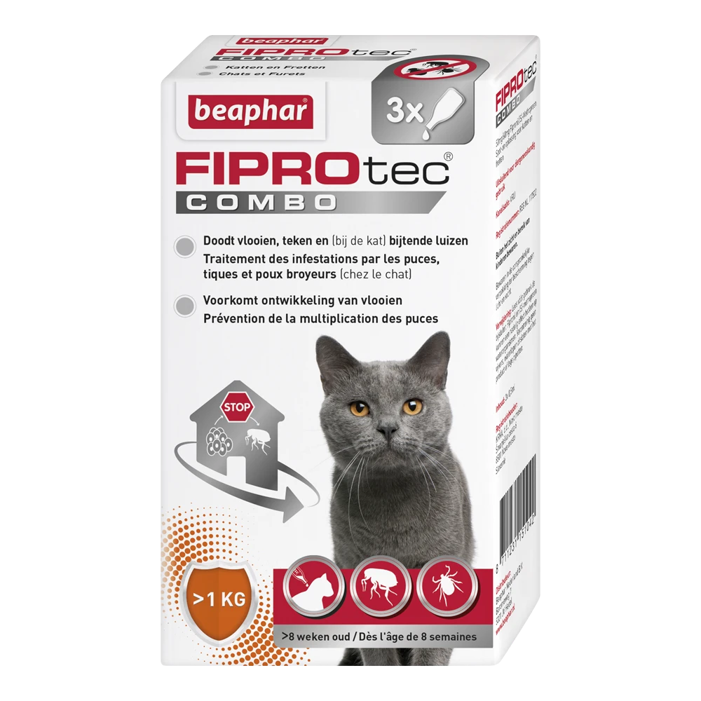 Beaphar Fiprotec Combo Kat - Vanaf 1kg - 3 Pipet - Anti Vlooienmiddel En Tekenmiddel